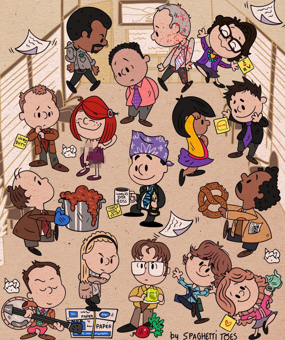Peanuts with a twist of The Office.